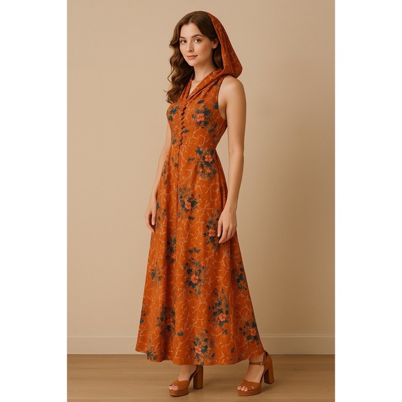 VTG Womens Dress Sz 13 Orange 70s Floral Satin Prom ILGWU Butterfly Print Maxi - Picture 1 of 12